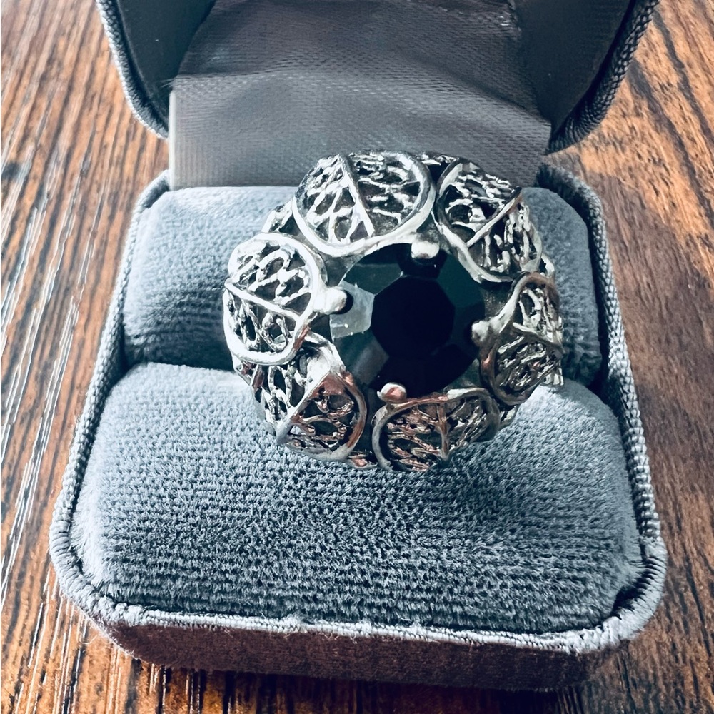 Vintage West Germany Silver Tone Filigree Black Onyx Adjustable Ring